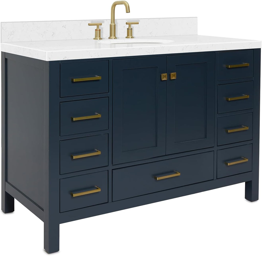 ARIEL Cambridge 48-inch Bathroom Vanity with Sink,Solid Wood, 1.5-inch Carrara White Quartz Countertop, Single Oval Porcelain Sink, 2 Soft Closing Doors, 9 Dovetail Drawers, Midnight Blue