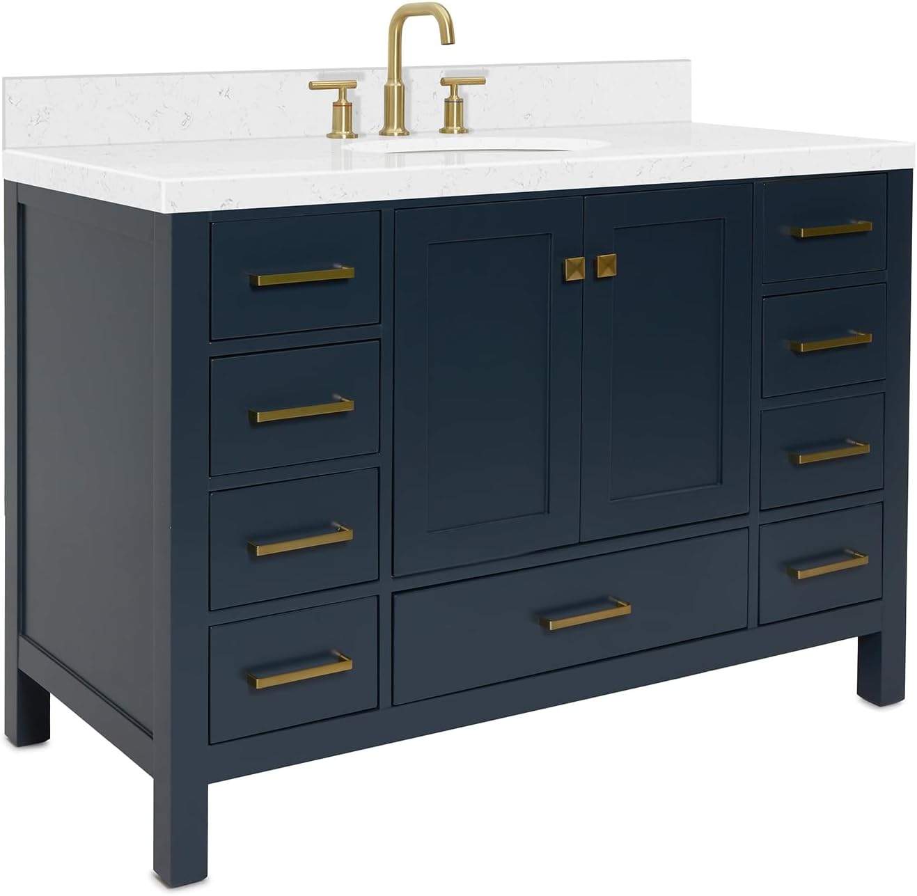 ARIEL Cambridge 48-inch Bathroom Vanity with Sink,Solid Wood, 1.5-inch Carrara White Quartz Countertop, Single Oval Porcelain Sink, 2 Soft Closing Doors, 9 Dovetail Drawers, Midnight Blue