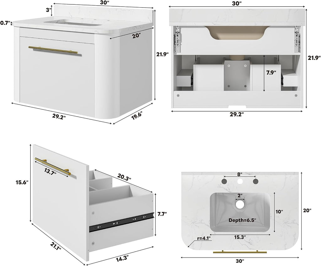 LIKIMIO 30' Bathroom Vanity with Sink, Floating Bathroom Vanity with 1 Drawer, Engineered Stone Countertop with Undermount Ceramic Sink, Wall Mounted Bathroom Vanity, Gold Handle, Easy Assembly, White