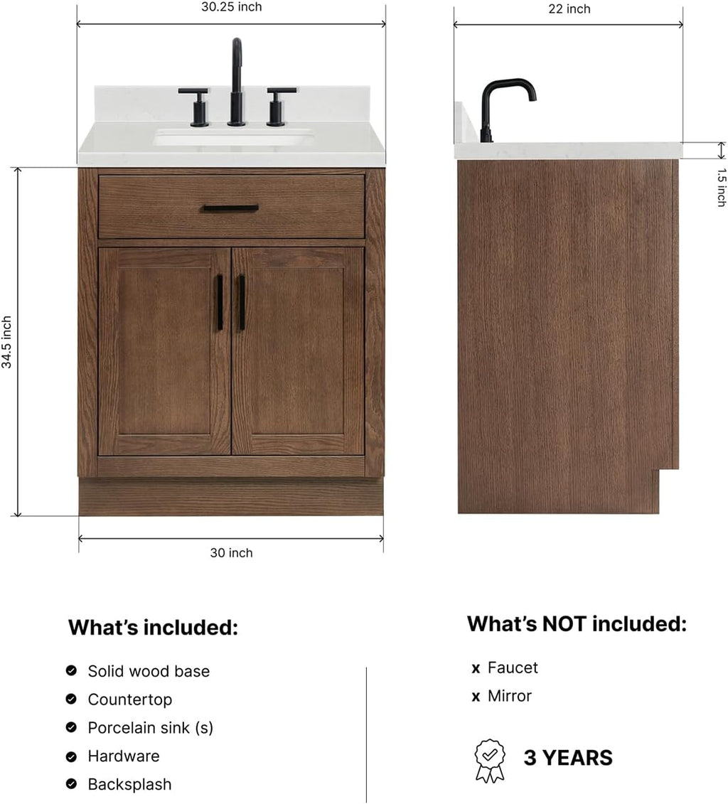 ARIEL Hepburn 30-inch Bathroom Vanity with Sink,Solid Wood, 1.5-inch Carrara White Quartz Countertop, Single Rectangular Porcelain Sink, 2 Soft Closing Doors, 1 Dovetail Drawers, Brown Oak