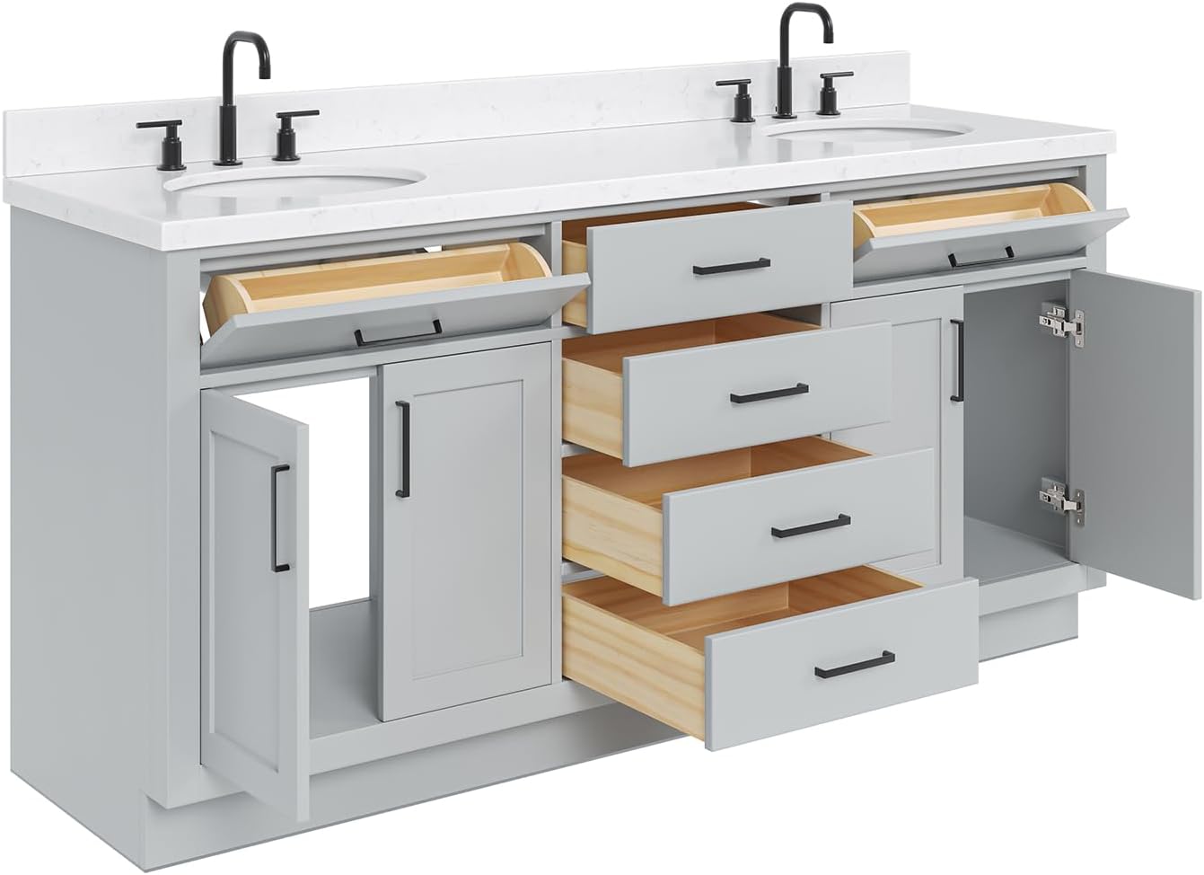 ARIEL Hepburn 72-inch Bathroom Vanity with Sink,Solid Wood, 1.5-inch Carrara White Quartz Countertop & Backsplash, Double Oval Porcelain Sink, 4 Soft Closing Doors, 6 Dovetail Drawers, Grey