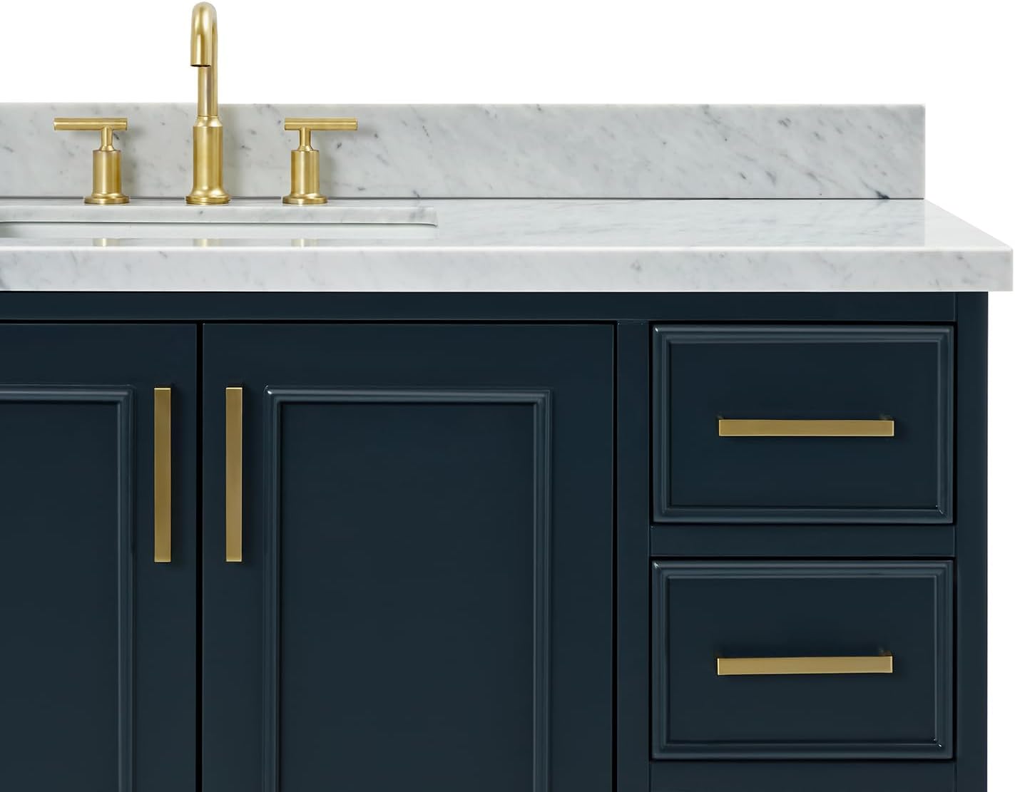 ARIEL Stafford 48-inch Bathroom Vanity with Sink,Solid Wood, 1.5-inch Italian Carrara Marble Countertop, Single Rectangular Porcelain Sink, 2 Soft Closing Doors, 9 Dovetail Drawers, Midnight Blue