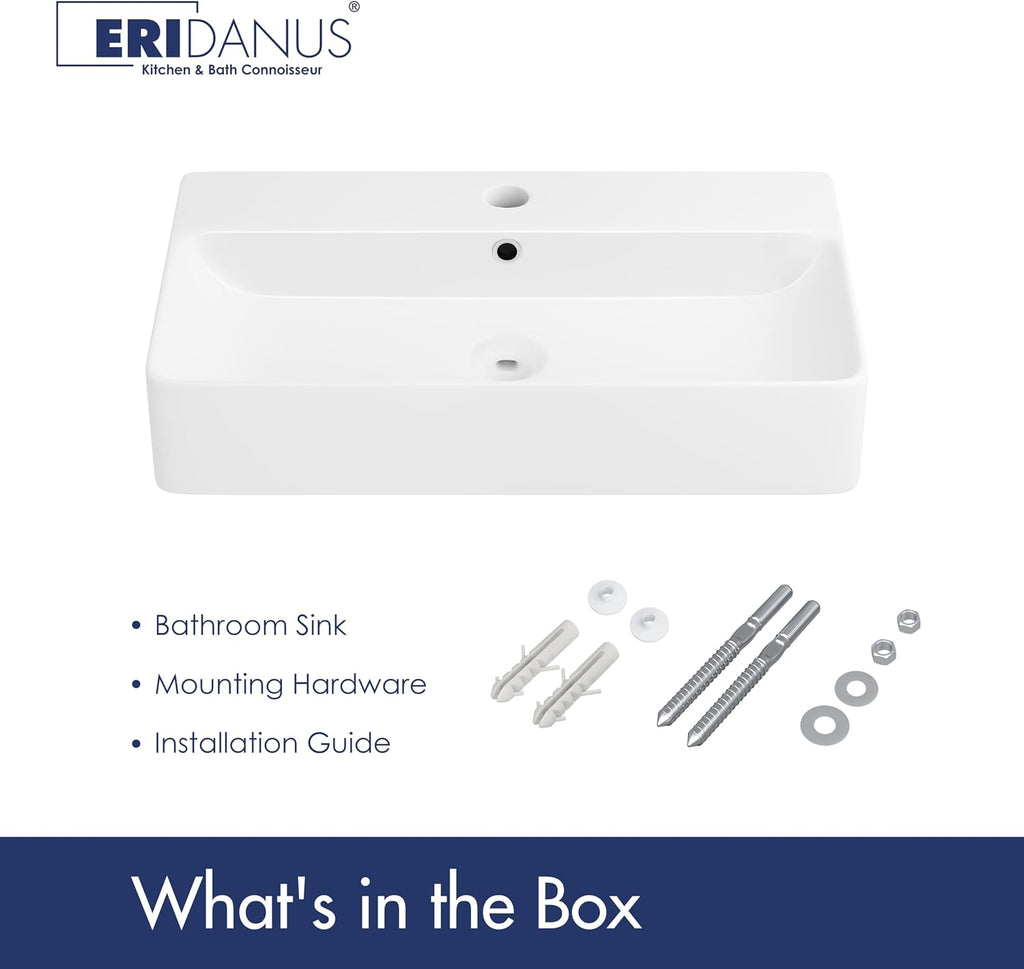 Rectangle Bathroom Vessel Sink 28' x 16.5', Eridanus Wall Mount Sink Ceramic Porcelain, Modern Above Counter Sink White Floating Lavatory Vanity Trough Art Basin with Overflow