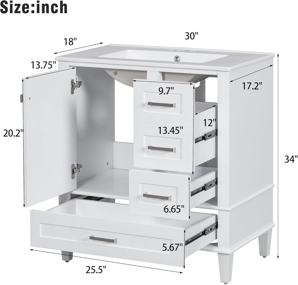 Mirightone 30' Bathroom Vanity with Sink, Bathroom Vanity with Sink 30 Inch, 30 in Vanity with Top for Bathroom, 30 Vanity and Sink Combo with 3 Drawers and 1 Soft Closing Door (White)