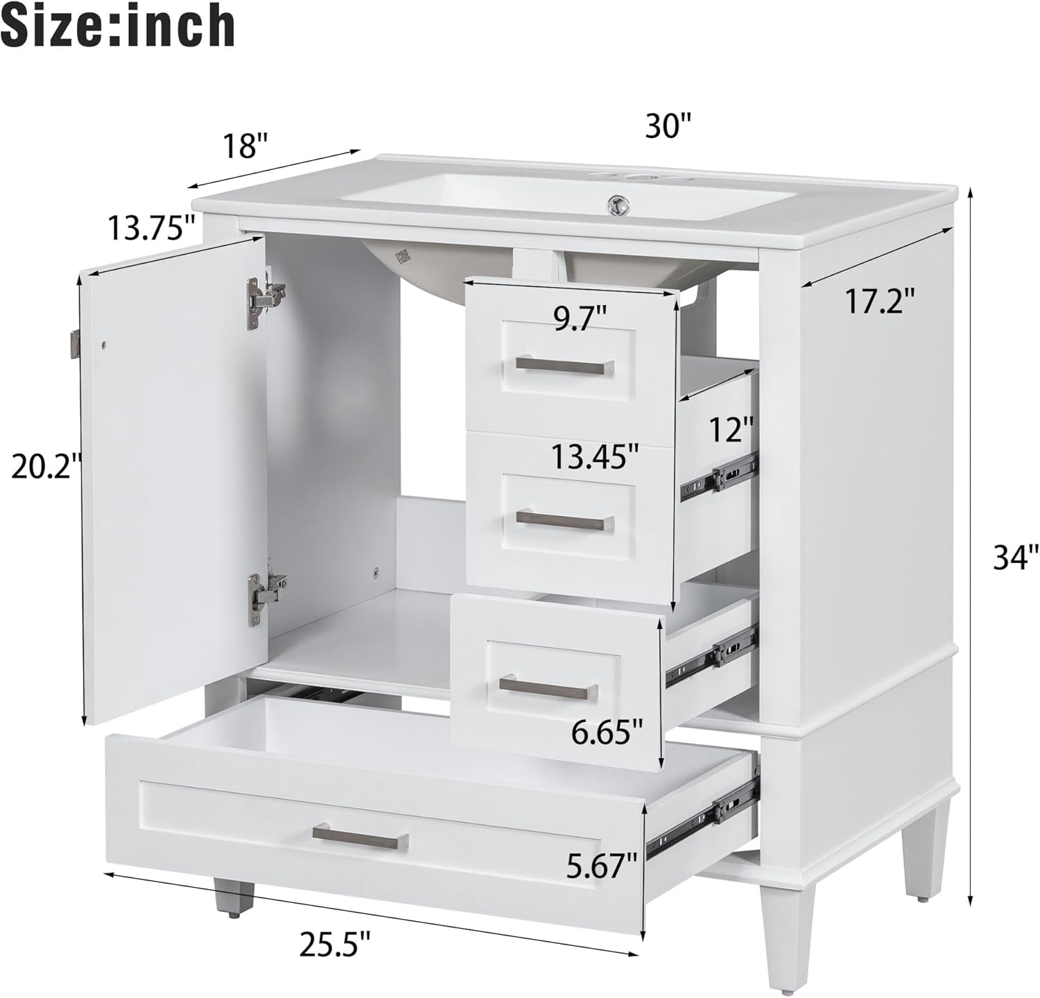 Mirightone 30' Bathroom Vanity with Sink, Bathroom Vanity with Sink 30 Inch, 30 in Vanity with Top for Bathroom, 30 Vanity and Sink Combo with 3 Drawers and 1 Soft Closing Door (White)