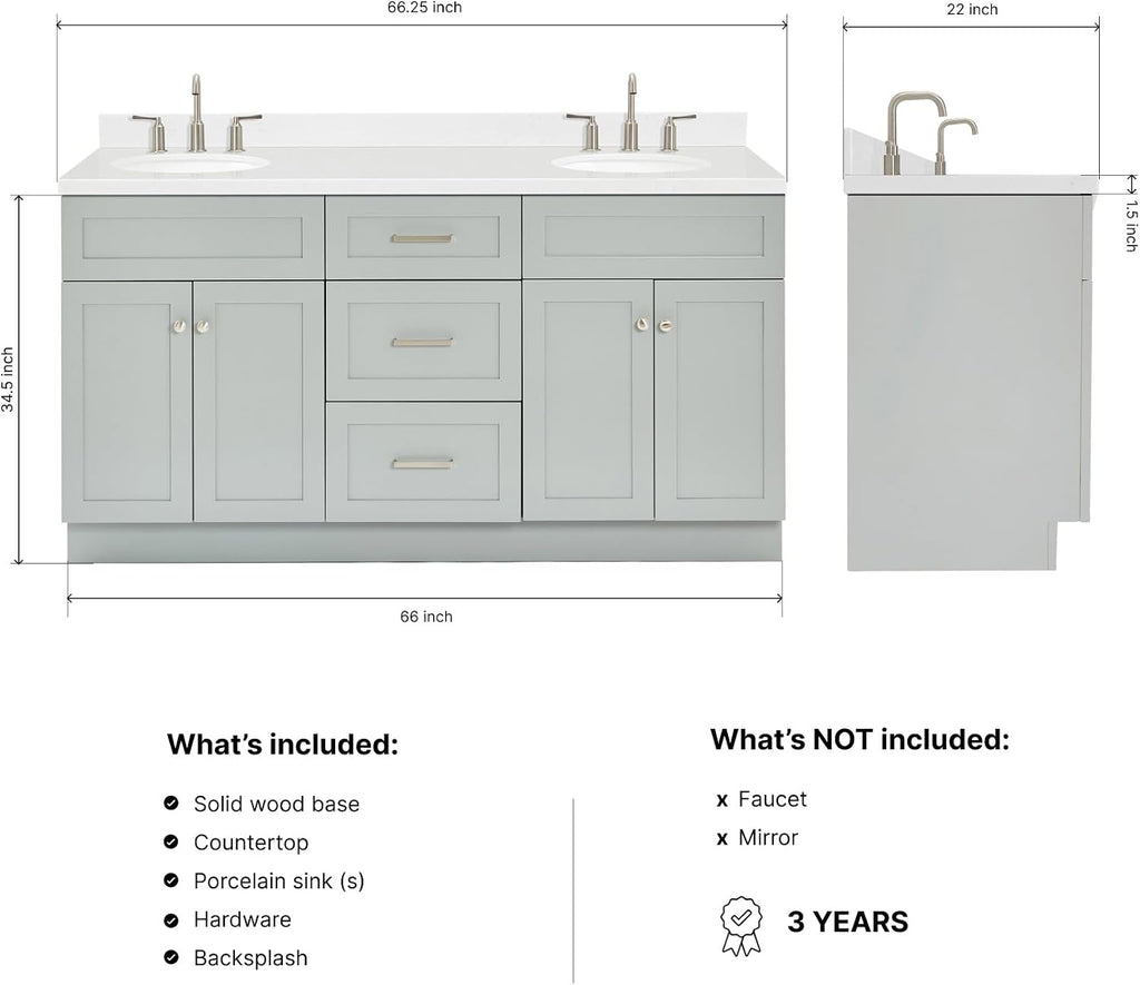 ARIEL Hamlet 66-inch Bathroom Vanity with Sink,Solid Wood, 1.5-inch Carrara White Quartz Countertop & Backsplash, Double Oval Porcelain Sink, 4 Soft Closing Doors, 3 Dovetail Drawers, Grey