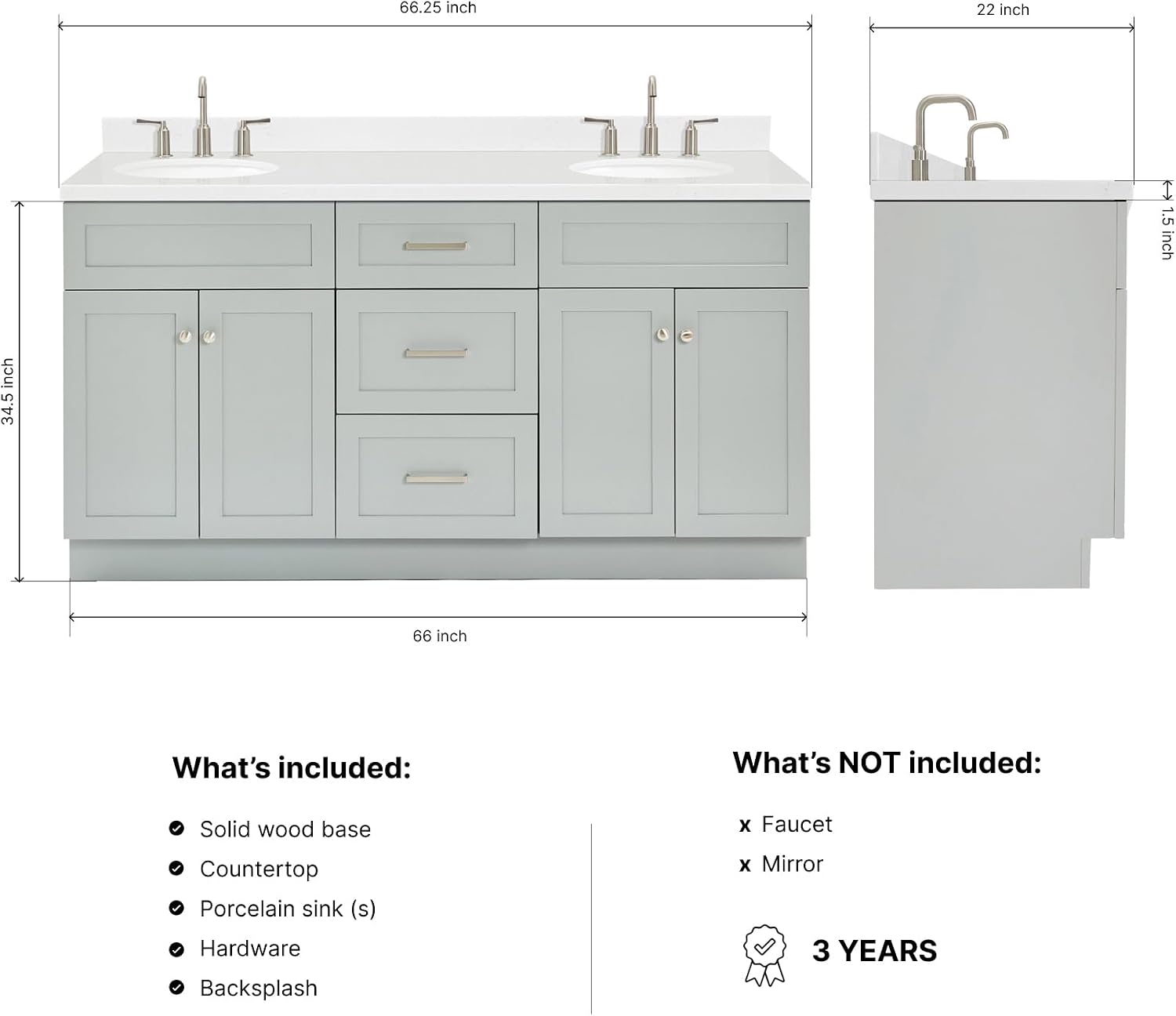 ARIEL Hamlet 66-inch Bathroom Vanity with Sink,Solid Wood, 1.5-inch Carrara White Quartz Countertop & Backsplash, Double Oval Porcelain Sink, 4 Soft Closing Doors, 3 Dovetail Drawers, Grey