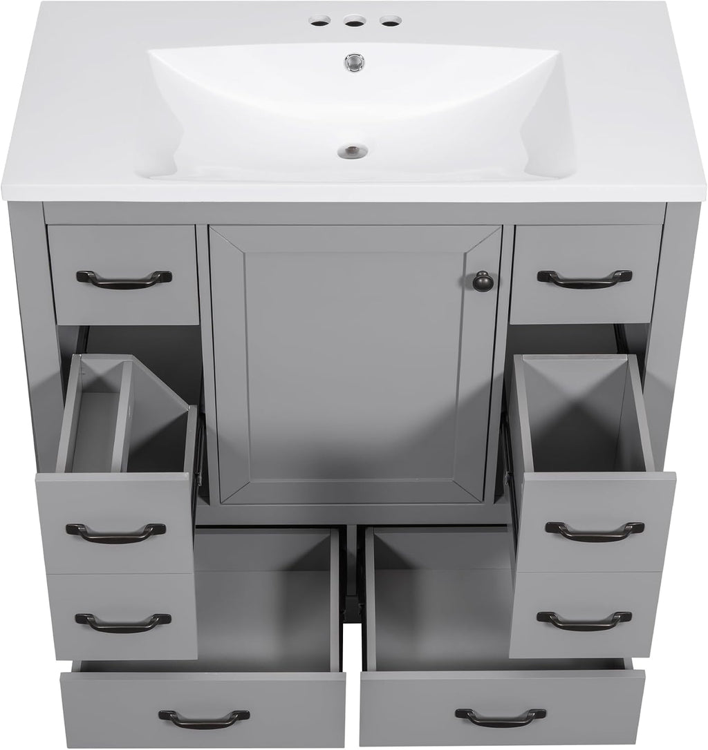 36' Vanity Bathroom Cabinet with Sink Top, Six Multi-Functional Drawers, Adjustable Shelf, Soft-Closing Door, Grey