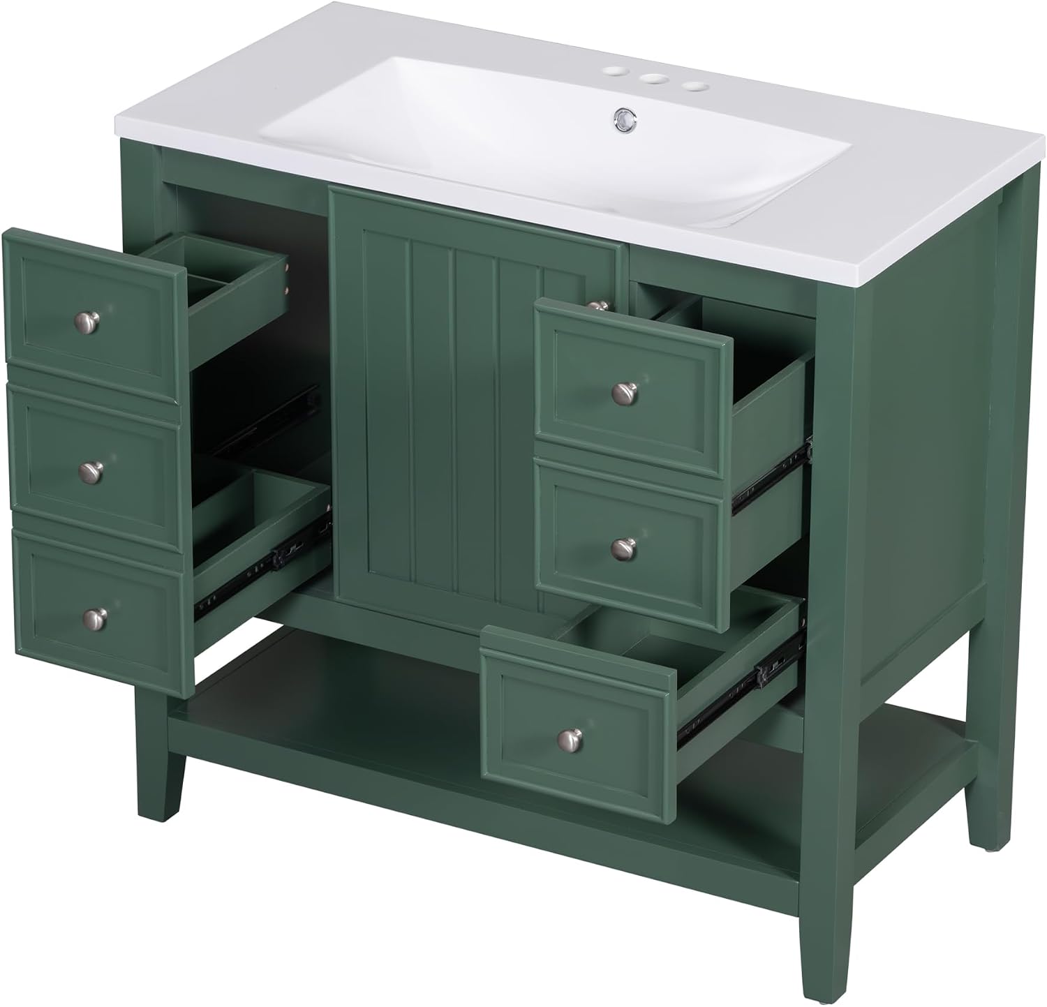 LUMISOL 36' Bathroom Vanity with Sink Combo, Bathroom Vanity Storage Cabinet with 3 Drawers & Open Shelf, Solid Wood Frame Bathroom Cabinet with Ceramic Sink, Green