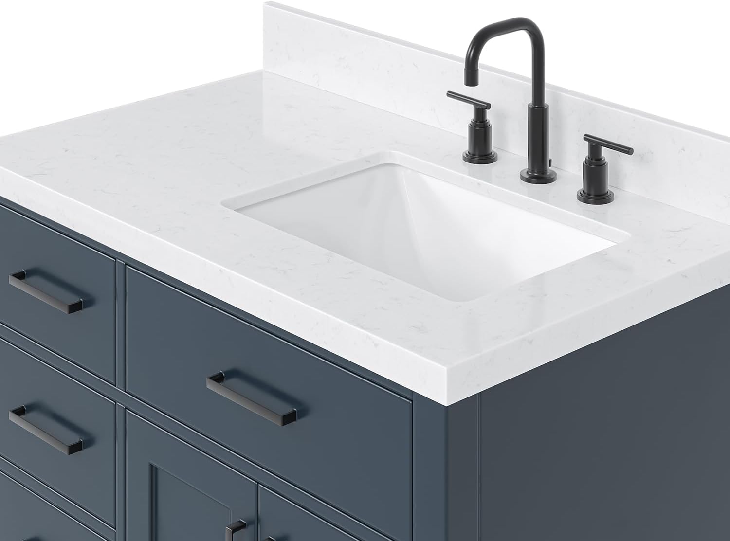 ARIEL Hepburn 36-inch Bathroom Vanity with Sink,Solid Wood, 1.5-inch Carrara White Quartz Countertop, Single Rectangular Porcelain Sink, 2 Soft Closing Doors, 5 Dovetail Drawers, Midnight Blue