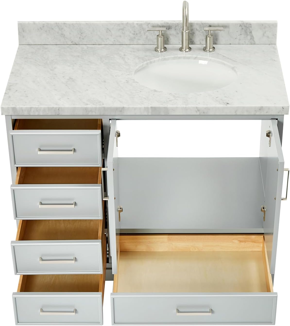 DKB Langford 42-inch Grey Bathroom Vanity with Right Oval Single Sink, Italian Carrara Marble Countertop & Backsplash, Solid Wood Frame, Soft-Closing & Dovetail Drawers
