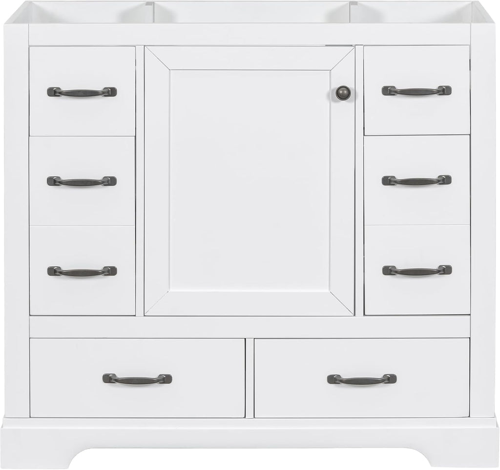 36' Bathroom Vanity Without Sink, Base Only,Six, Solid Wood Cabinets Basin Vessel Set w/Drawer Divider,Adjustable Shelf,Water, Stain Proof,White