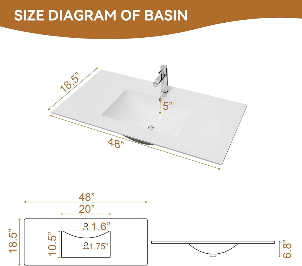 48' Undermount Bathroom Sink, White Rectangular Ceramic Vanity Sink Top with Overflow, Porcelain Under Counter Lavatory Vanity Sink for Small Bathrooms