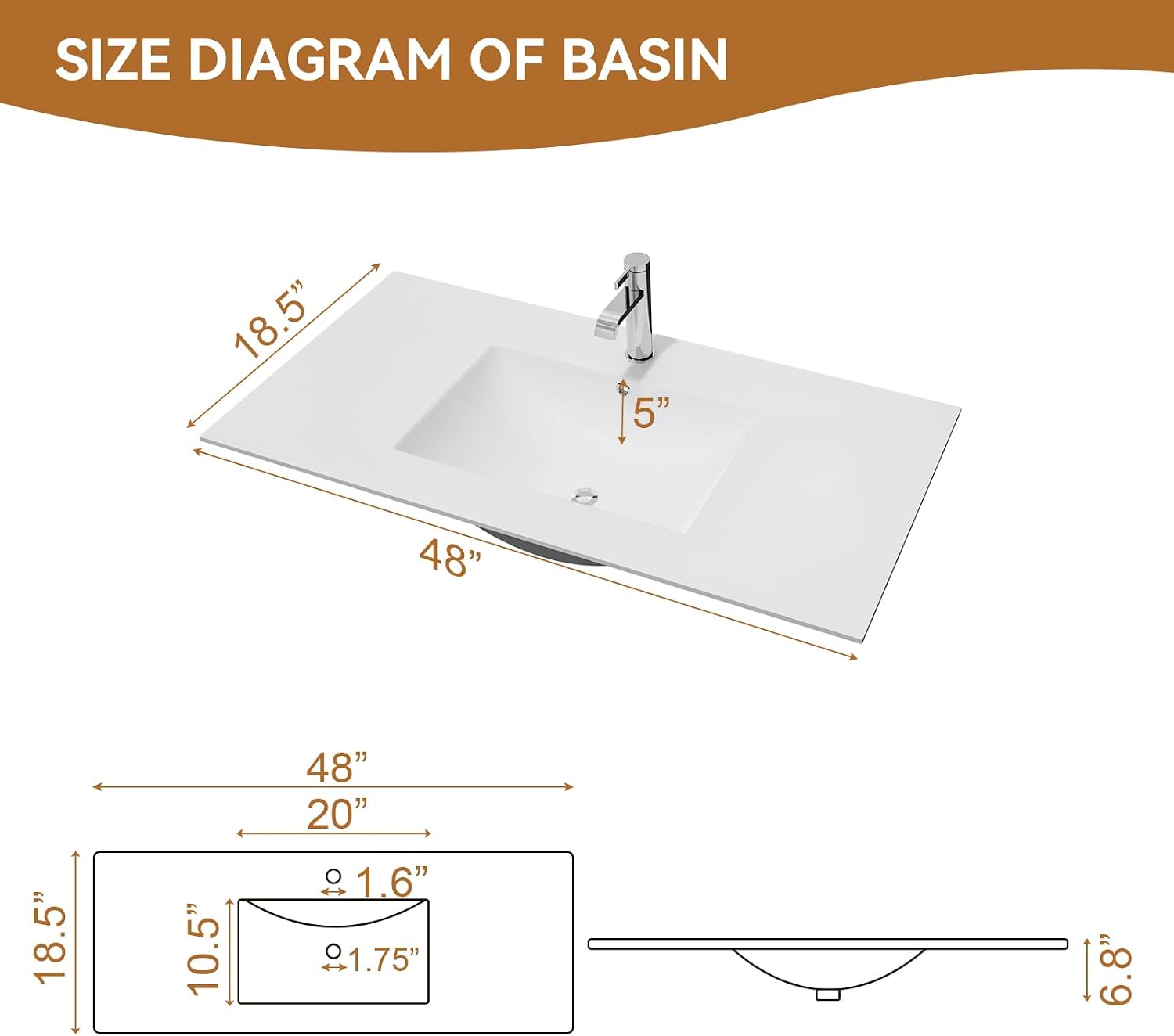48' Undermount Bathroom Sink, White Rectangular Ceramic Vanity Sink Top with Overflow, Porcelain Under Counter Lavatory Vanity Sink for Small Bathrooms