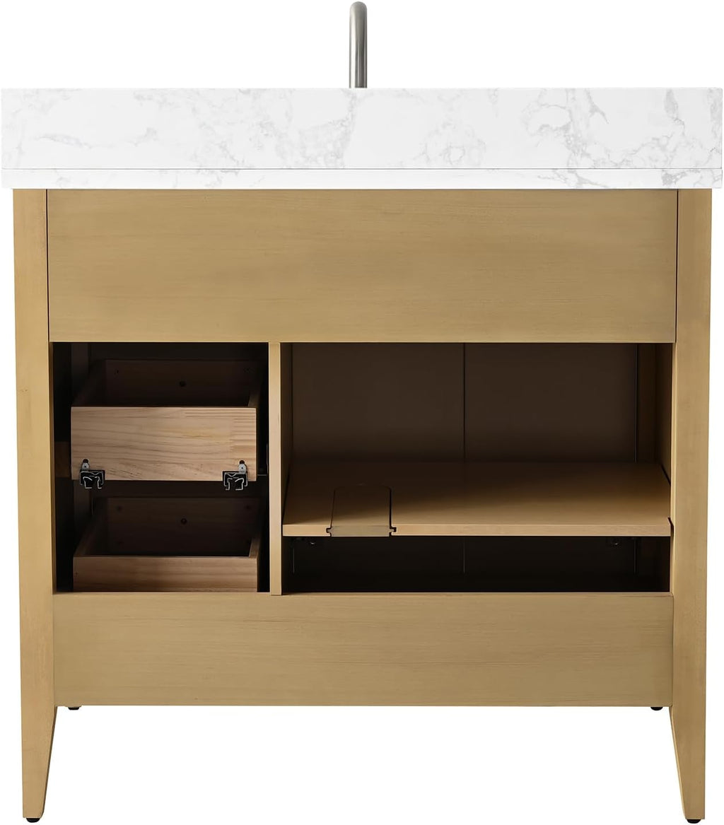 HOMEBEYOND 36' Bathroom Vanity with Sink, Solid Wood Bathroom Vanity Free-Standing Cabinet, Drawers, Ceramic Top & Soft Closing Door, Golden Brushed Handware, Natural Oak