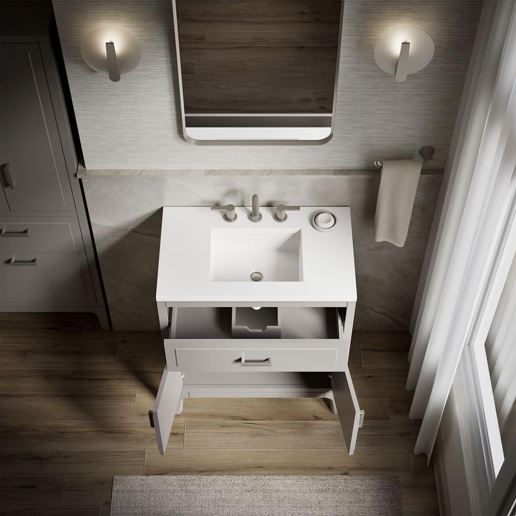 Kohler Seer 30 Inch Bathroom Vanity Cabinet with White Single Sink and Quartz Top, Modern Bathroom Vanity, Mohair Gray, K-33552-ASB-1WT