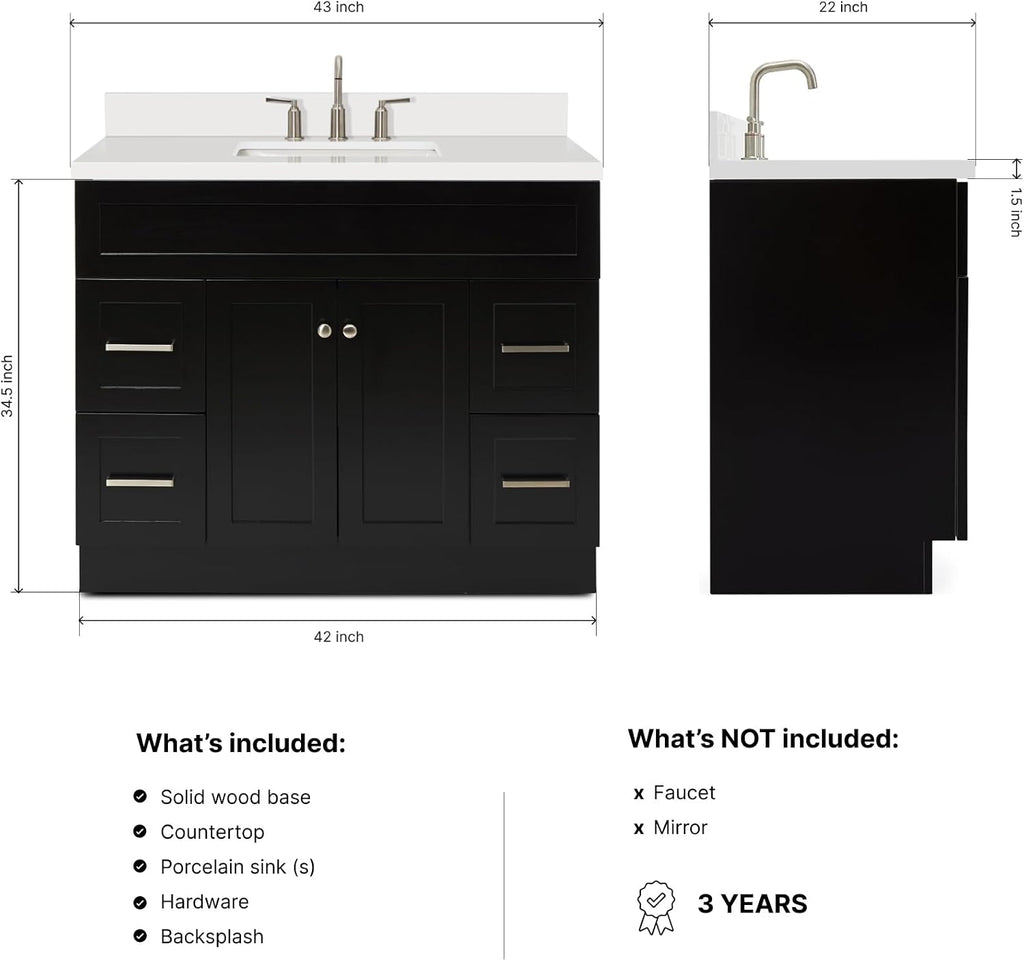 ARIEL Hamlet 42-inch Bathroom Vanity with Sink,Solid Wood, 1.5-inch Pure White Quartz Countertop & Backsplash, Single Rectangular Porcelain Sink, 2 Soft Closing Doors, 4 Dovetail Drawers, Black
