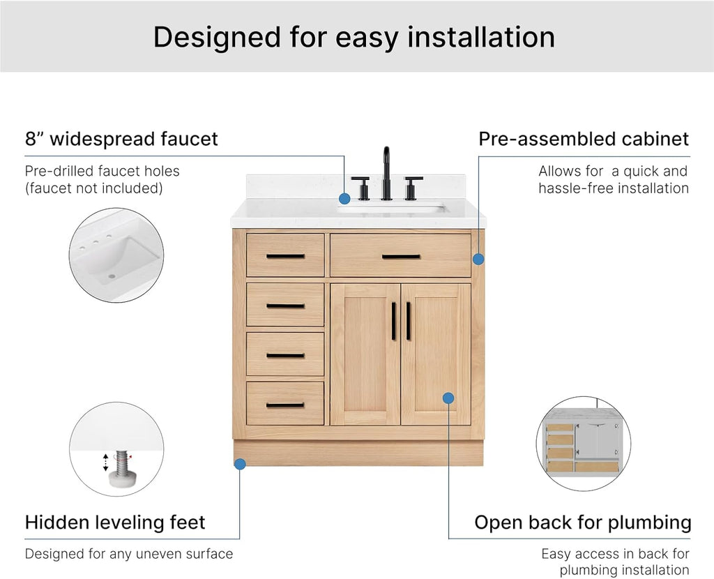 ARIEL Hepburn 36-inch Bathroom Vanity with Sink,Solid Wood, 1.5-inch Carrara White Quartz Countertop, Single Rectangular Porcelain Sink, 2 Soft Closing Doors, 5 Dovetail Drawers, White Oak