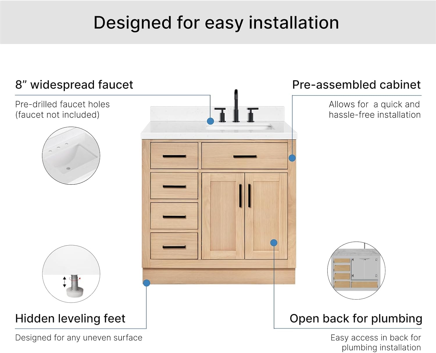 ARIEL Hepburn 36-inch Bathroom Vanity with Sink,Solid Wood, 1.5-inch Carrara White Quartz Countertop, Single Rectangular Porcelain Sink, 2 Soft Closing Doors, 5 Dovetail Drawers, White Oak