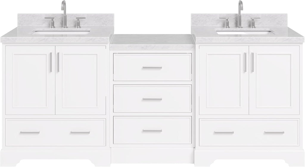 ARIEL Stafford 84-inch Bathroom Vanity with Sink,Solid Wood, 1.5in Italian Carrara Marble Countertop & Backsplash, Double Rectangular Porcelain Sink, 4 Soft Closing Doors, 5 Dovetail Drawers, White