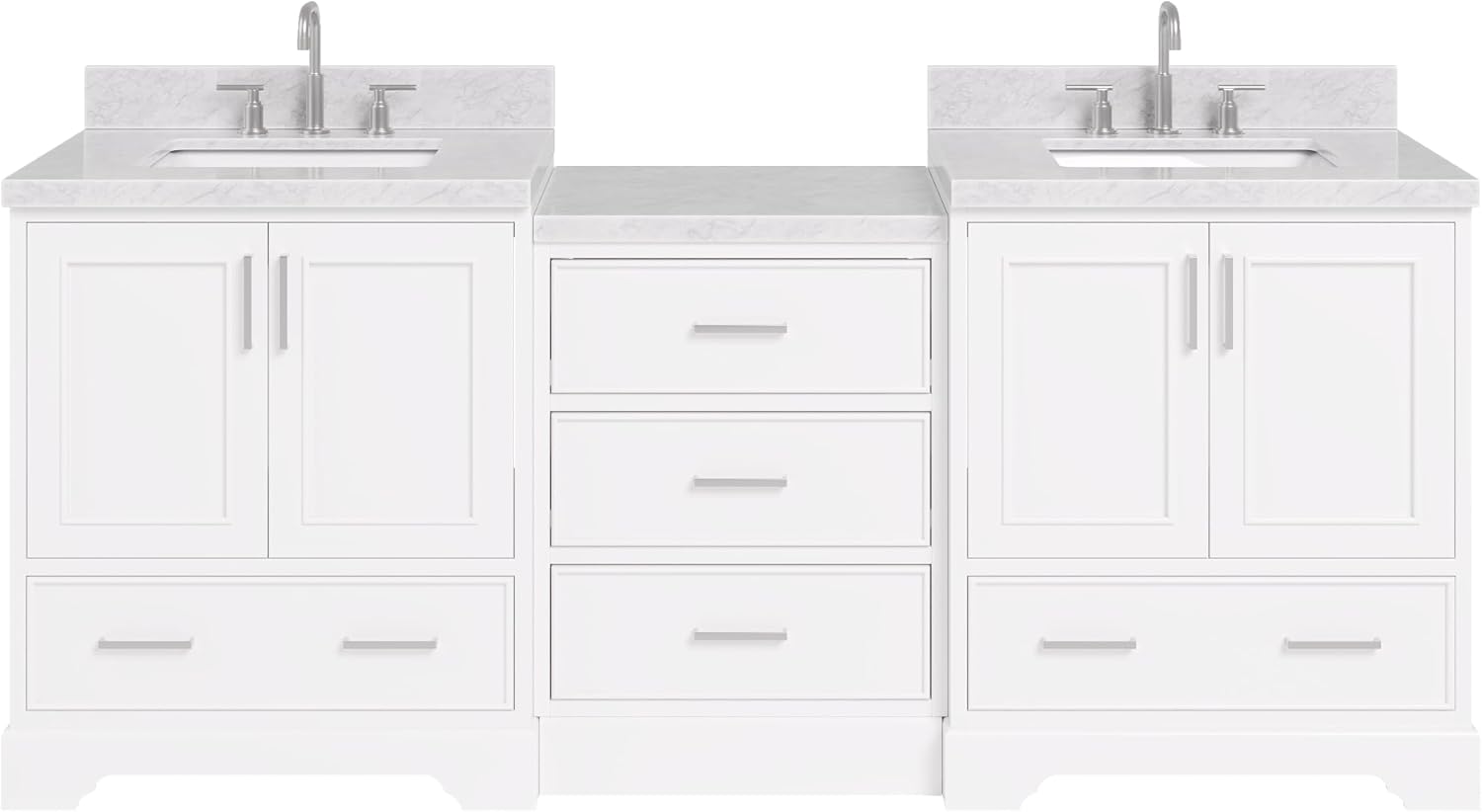 ARIEL Stafford 84-inch Bathroom Vanity with Sink,Solid Wood, 1.5in Italian Carrara Marble Countertop & Backsplash, Double Rectangular Porcelain Sink, 4 Soft Closing Doors, 5 Dovetail Drawers, White