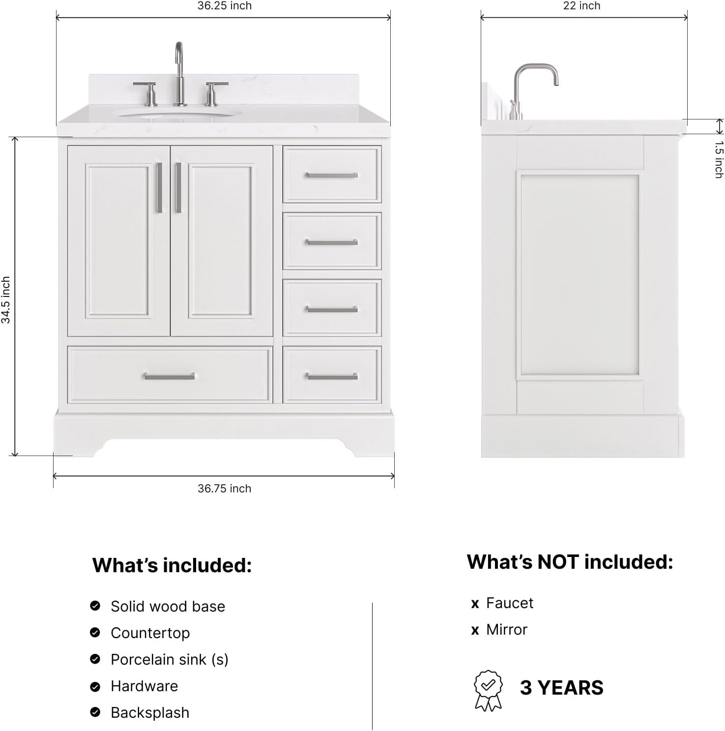 ARIEL Stafford 36-inch Bathroom Vanity with Sink,Solid Wood, 1.5-inch Carrara White Quartz Countertop & Backsplash, Single Oval Porcelain Sink, 2 Soft Closing Doors, 5 Dovetail Drawers, White