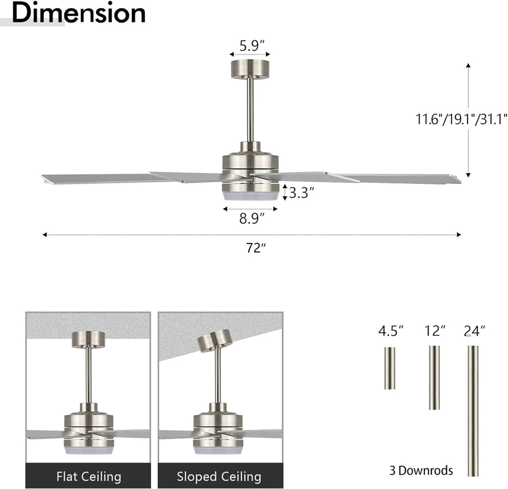 LEDLUX 72' Ceiling Fan with Light, 6-Speed Remote Control, Reversible DC Motor, Modern 9 Blades Silver with 4.5'/12'/24' Downrods for Home or Commercial, Living Room/Restaurant