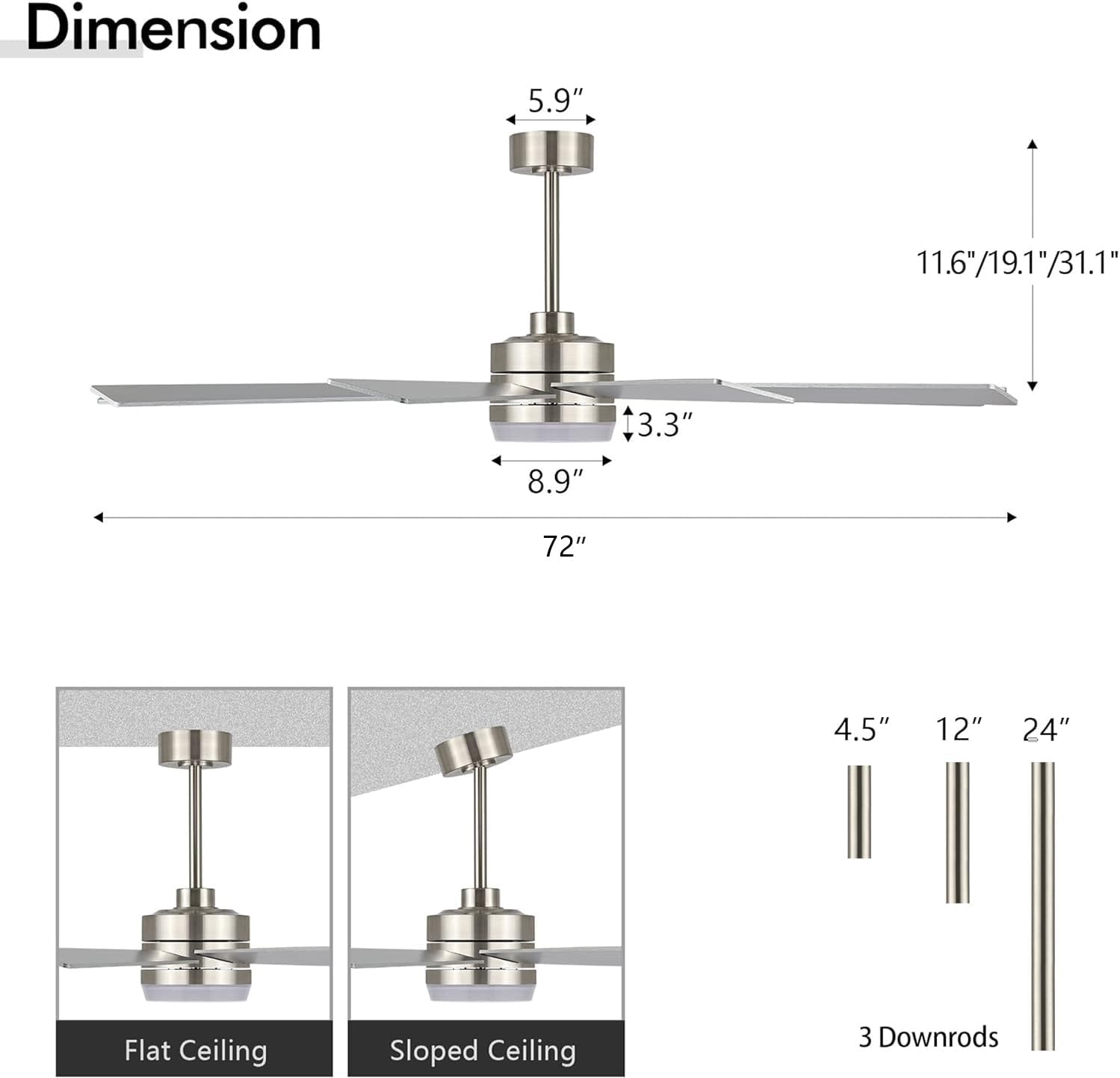 LEDLUX 72' Ceiling Fan with Light, 6-Speed Remote Control, Reversible DC Motor, Modern 9 Blades Silver with 4.5'/12'/24' Downrods for Home or Commercial, Living Room/Restaurant