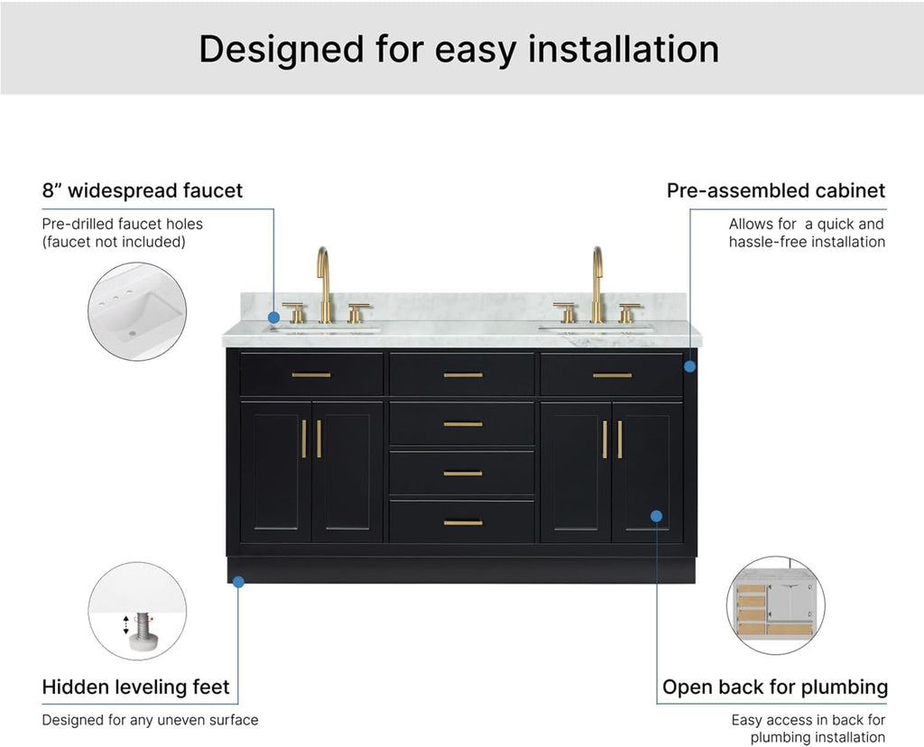 ARIEL Hepburn 66-inch Bathroom Vanity with Sink,Solid Wood, 1.5-inch Italian Carrara Marble Countertop, Double Rectangular Porcelain Sink, 4 Soft Closing Doors, 6 Dovetail Drawers, Black