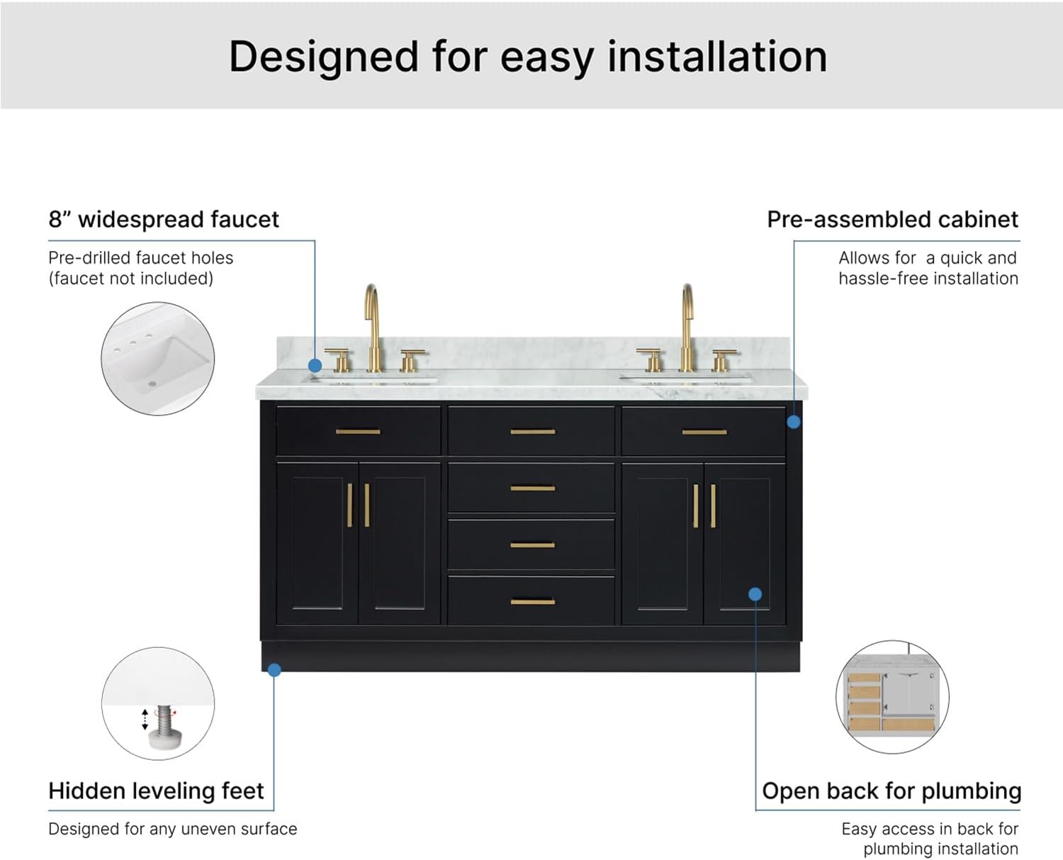 ARIEL Hepburn 66-inch Bathroom Vanity with Sink,Solid Wood, 1.5-inch Italian Carrara Marble Countertop, Double Rectangular Porcelain Sink, 4 Soft Closing Doors, 6 Dovetail Drawers, Black