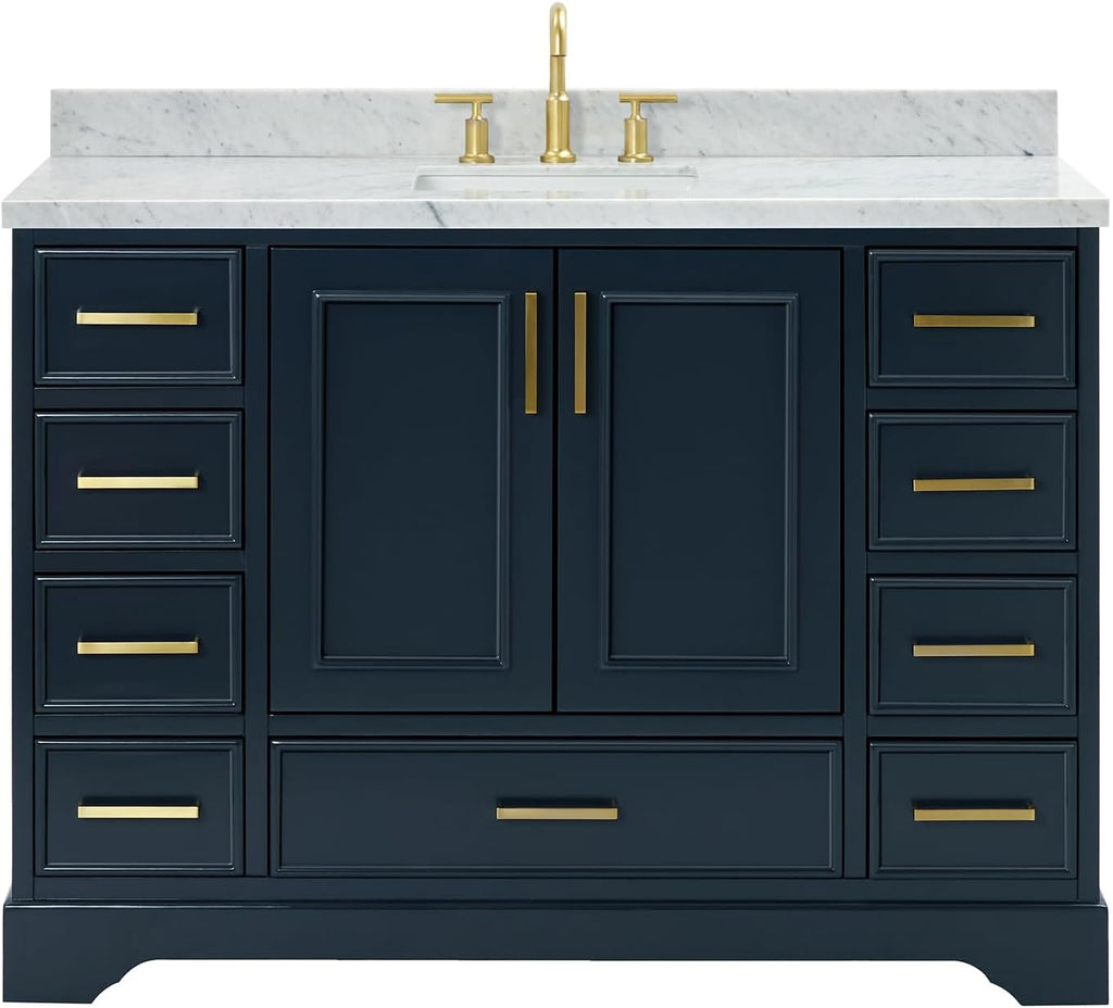 ARIEL Stafford 48-inch Bathroom Vanity with Sink,Solid Wood, 1.5-inch Italian Carrara Marble Countertop, Single Rectangular Porcelain Sink, 2 Soft Closing Doors, 9 Dovetail Drawers, Midnight Blue