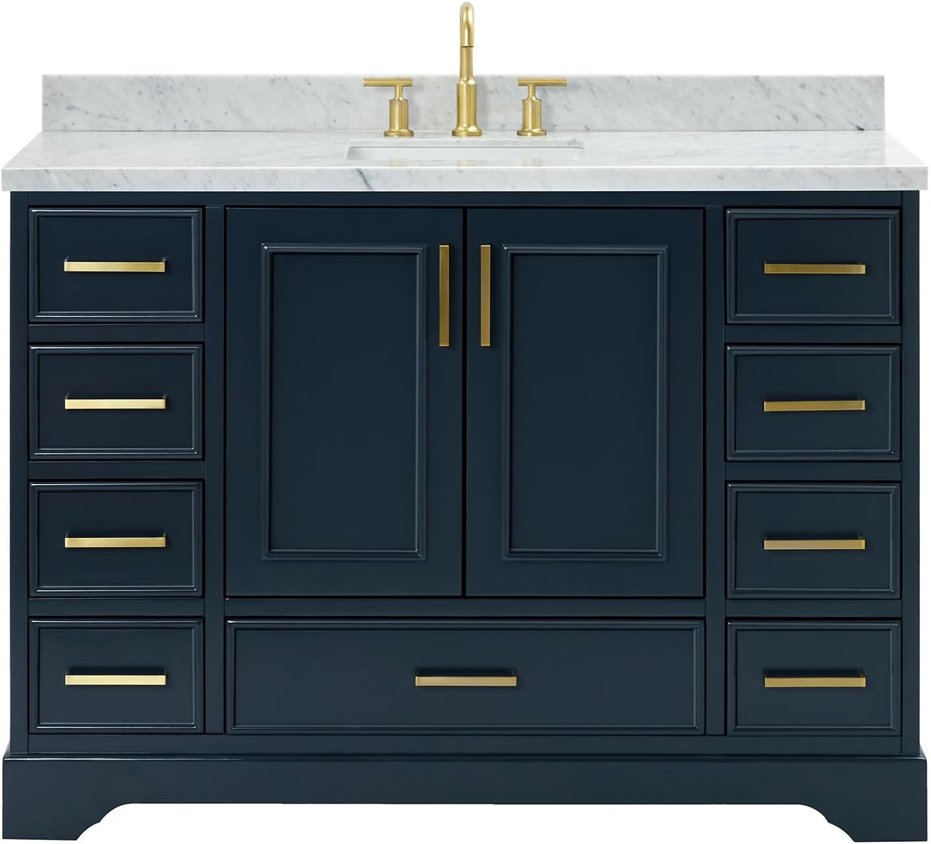 ARIEL Stafford 48-inch Bathroom Vanity with Sink,Solid Wood, 1.5-inch Italian Carrara Marble Countertop, Single Rectangular Porcelain Sink, 2 Soft Closing Doors, 9 Dovetail Drawers, Midnight Blue
