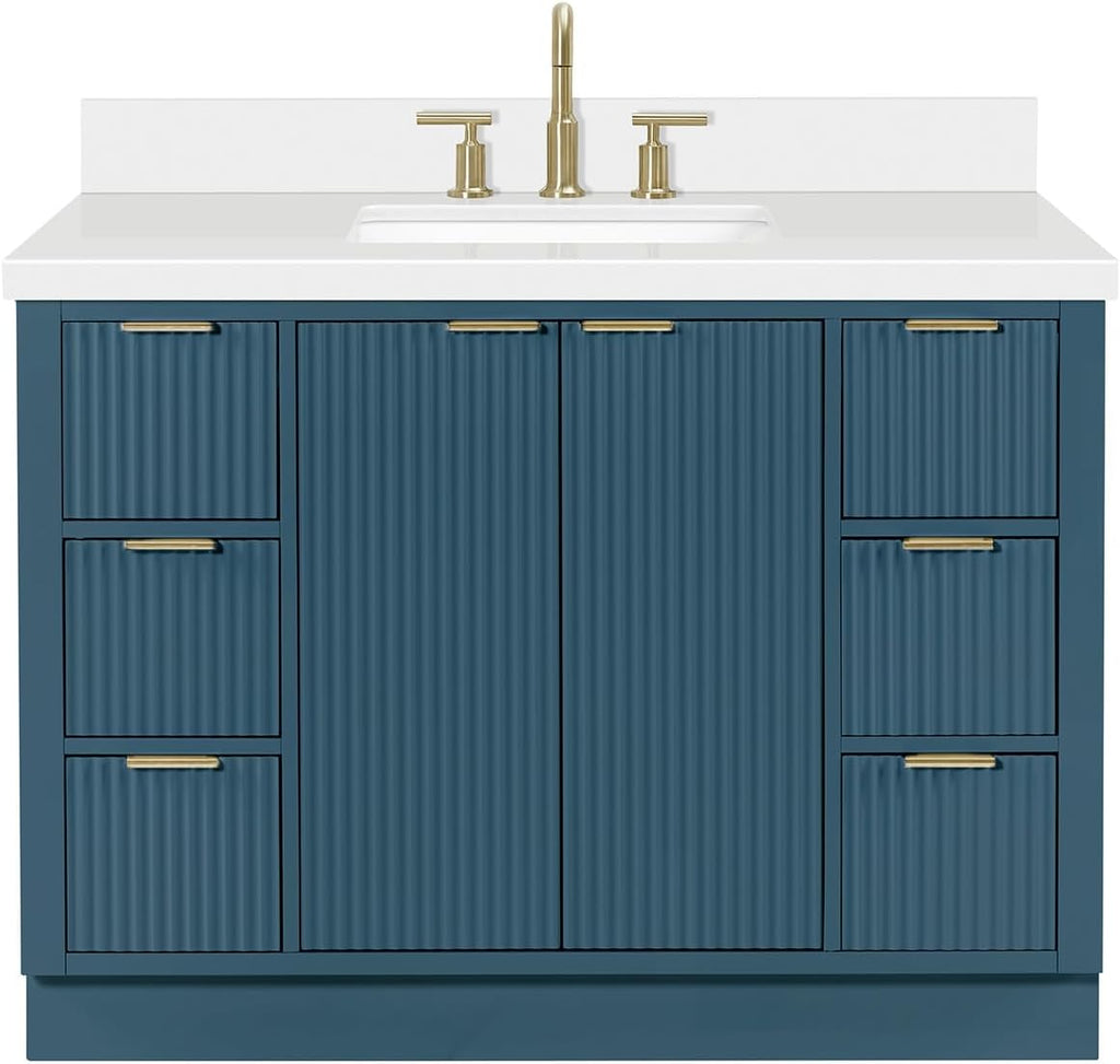 ARIEL Milan 48-inch Bathroom Vanity with Sink,Solid Wood, 1.5-inch Pure White Quartz Countertop, Single Rectangular Porcelain Sink, Soft Closing Doors, Dovetail Drawers, Vintage Blue