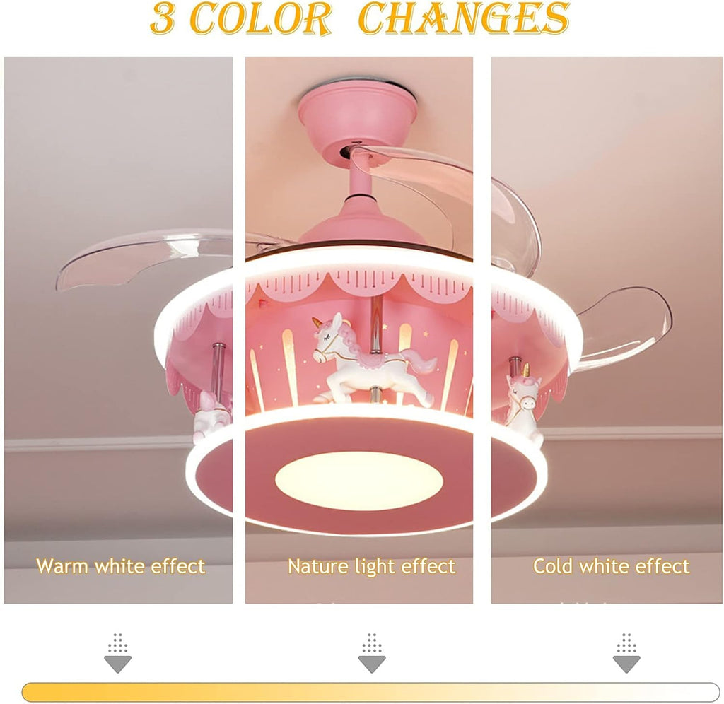 Cartoon Pink Ceiling Fan with Lights Kids LED Ceiling Lamp Creative Carousel with Invisible Blades Close to Ceiling Lighting for Living Room Bedroom