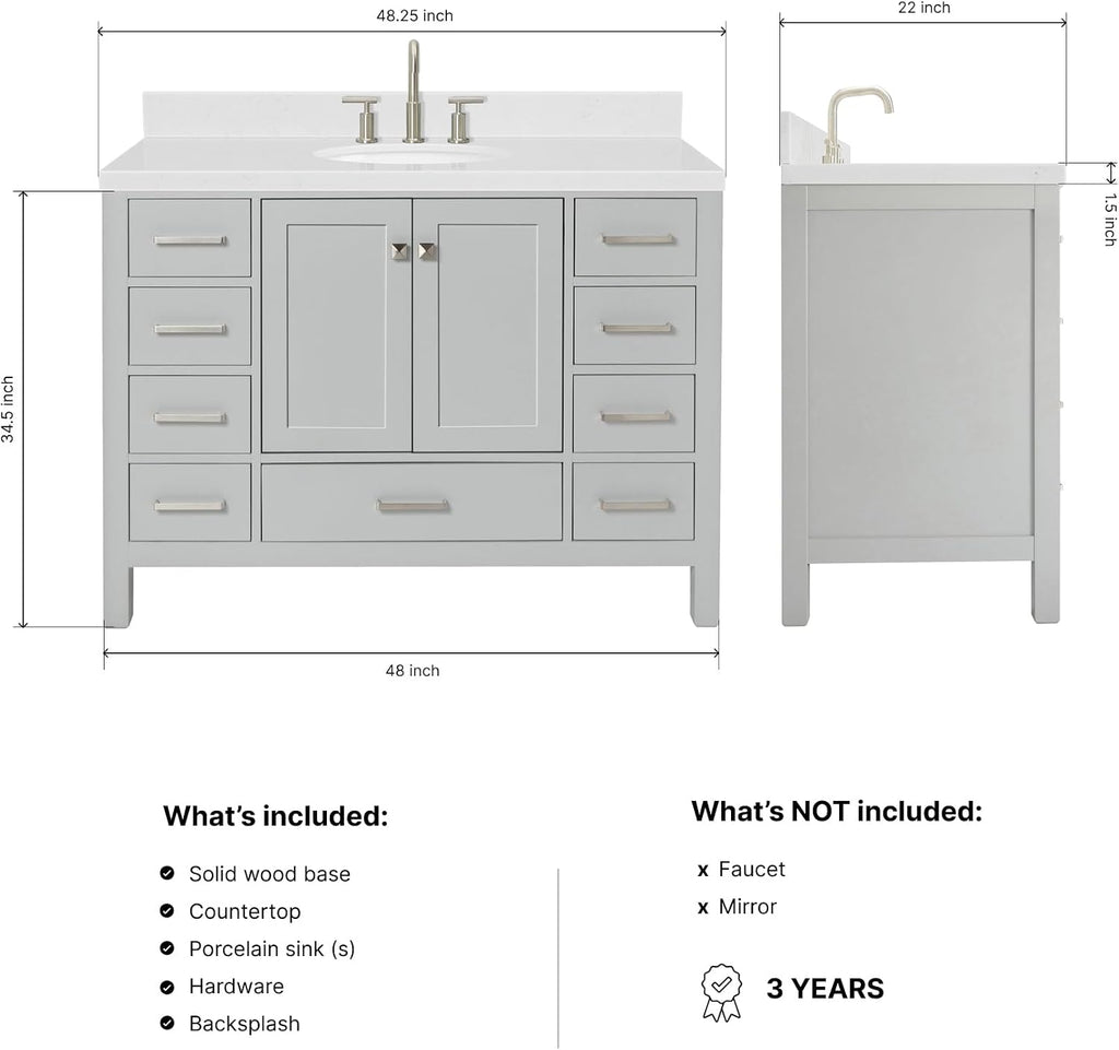 ARIEL Cambridge 48-inch Bathroom Vanity with Sink,Solid Wood, 1.5-inch Carrara White Quartz Countertop & Backsplash, Single Oval Porcelain Sink, 2 Soft Closing Doors, 9 Dovetail Drawers, Grey