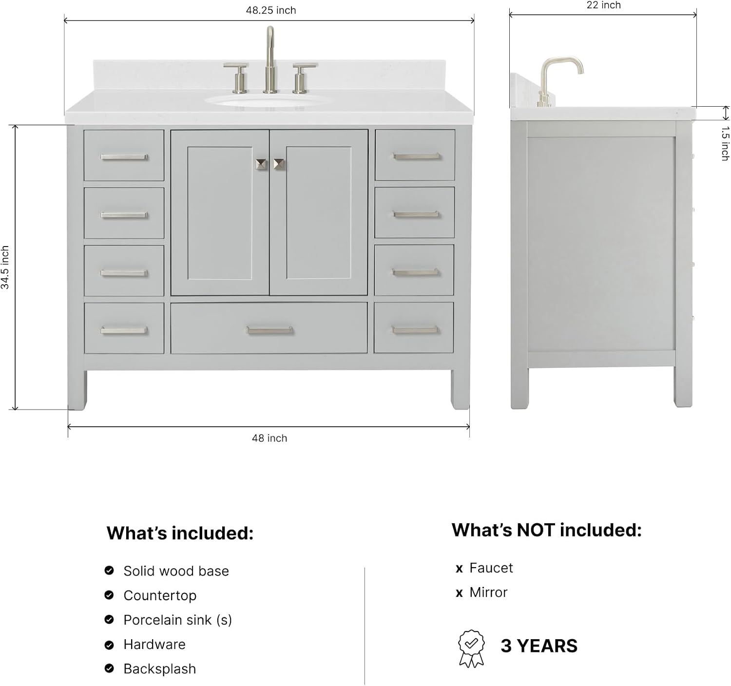 ARIEL Cambridge 48-inch Bathroom Vanity with Sink,Solid Wood, 1.5-inch Carrara White Quartz Countertop & Backsplash, Single Oval Porcelain Sink, 2 Soft Closing Doors, 9 Dovetail Drawers, Grey