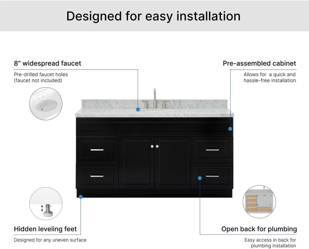 ARIEL Hamlet 66-inch Bathroom Vanity with Sink,Solid Wood, 1.5-inch Italian Carrara Marble Countertop & Backsplash, Single Oval Porcelain Sink, 2 Soft Closing Doors, 4 Dovetail Drawers, Black