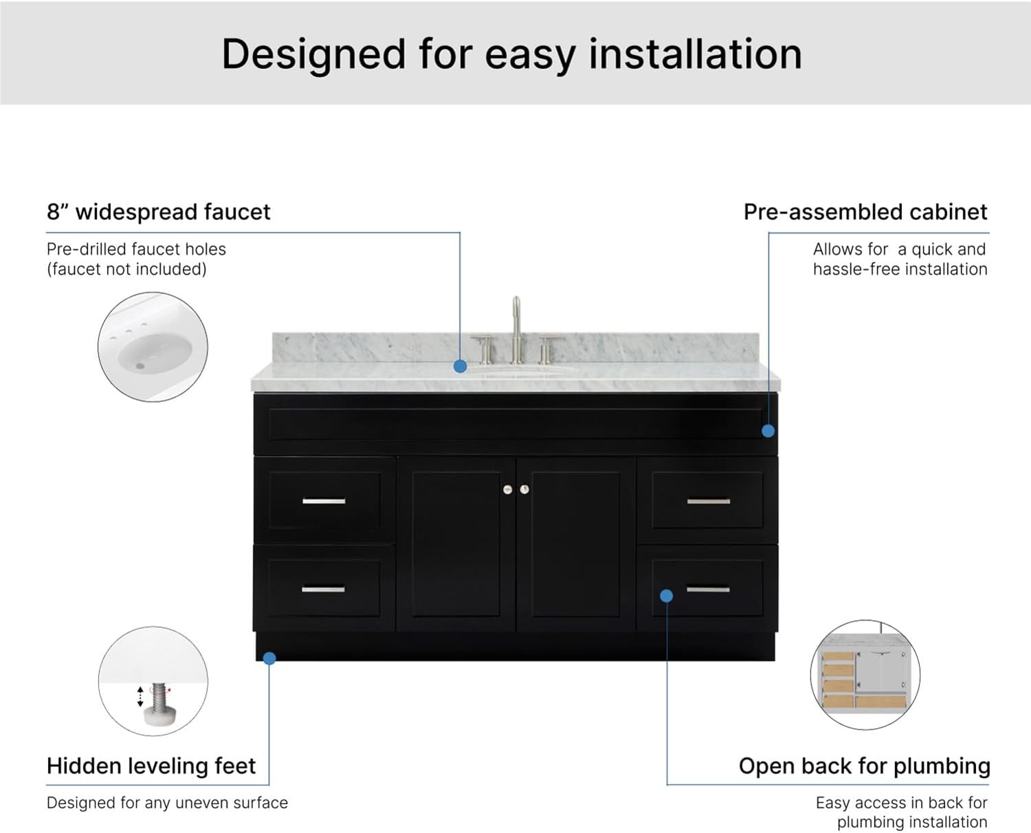 ARIEL Hamlet 66-inch Bathroom Vanity with Sink,Solid Wood, 1.5-inch Italian Carrara Marble Countertop & Backsplash, Single Oval Porcelain Sink, 2 Soft Closing Doors, 4 Dovetail Drawers, Black