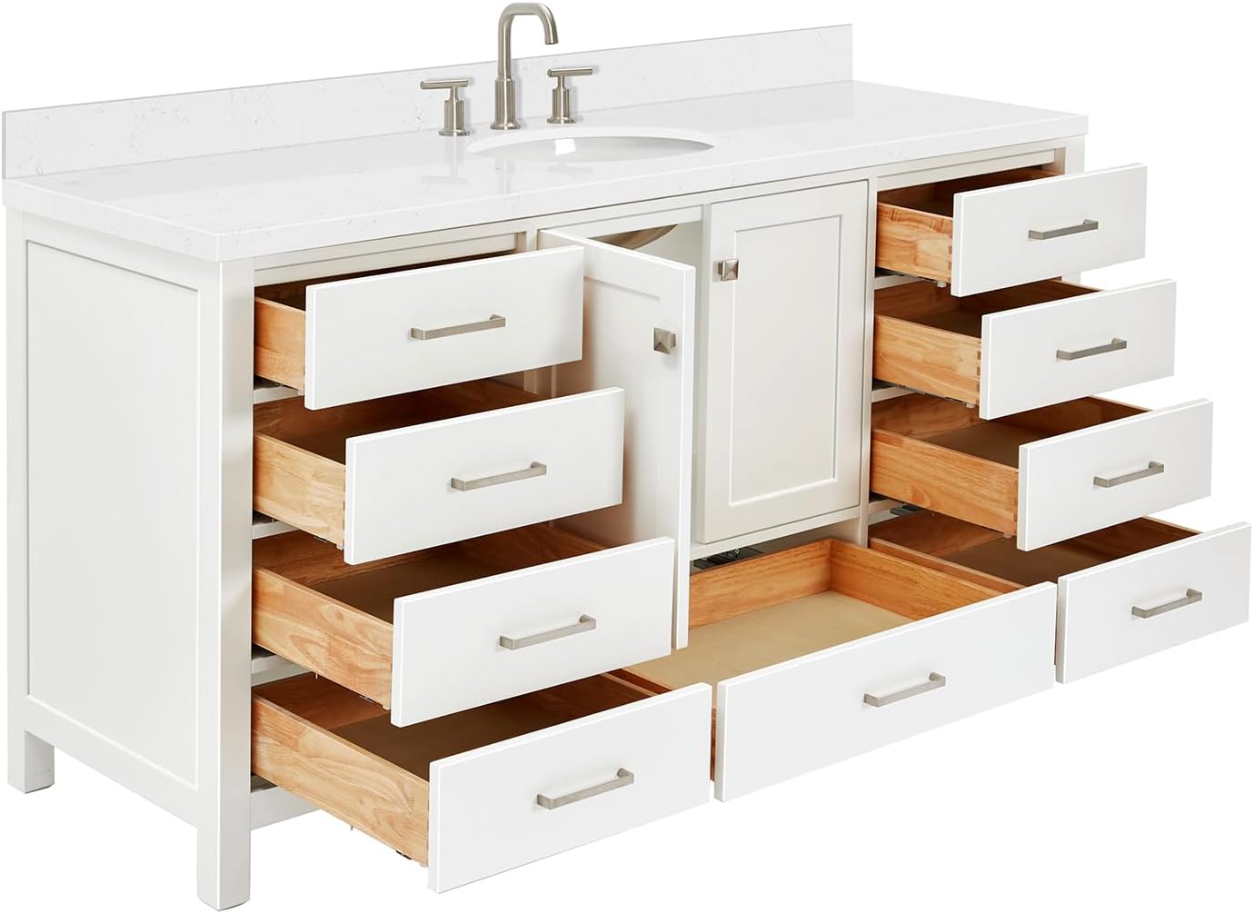 ARIEL Cambridge 66-inch Bathroom Vanity with Sink,Solid Wood, 1.5-inch Carrara White Quartz Countertop & Backsplash, Single Oval Porcelain Sink, 2 Soft Closing Doors, 9 Dovetail Drawers, White