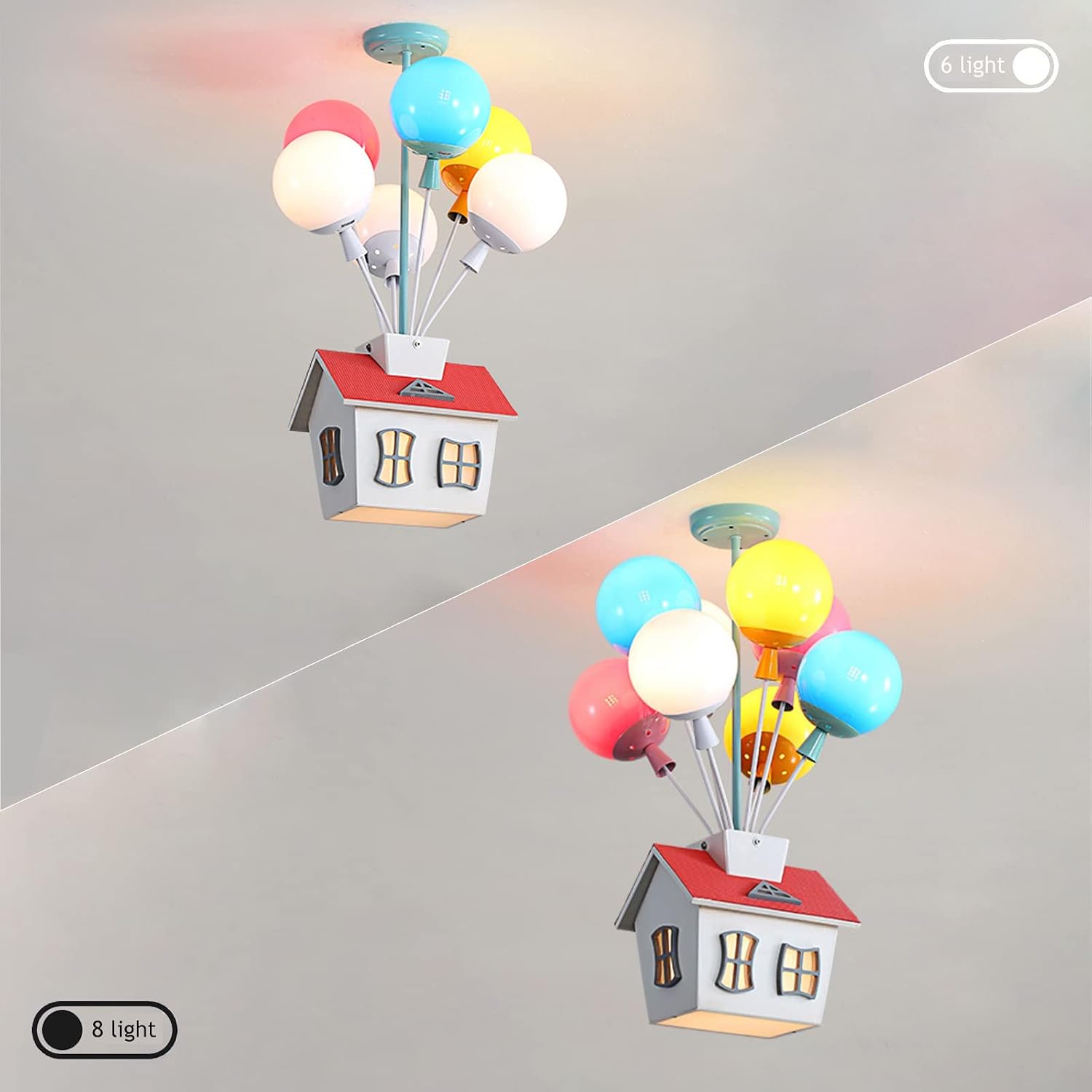 Kids House Shape Ceiling Light Colorful Balloon Wood Chandelier Cartoon House Shape with Acrylic lampshade Sputnik Ceiling Light for Girls Boys Kid's Bedroom (D18.1*H22.8IN (8 Light))