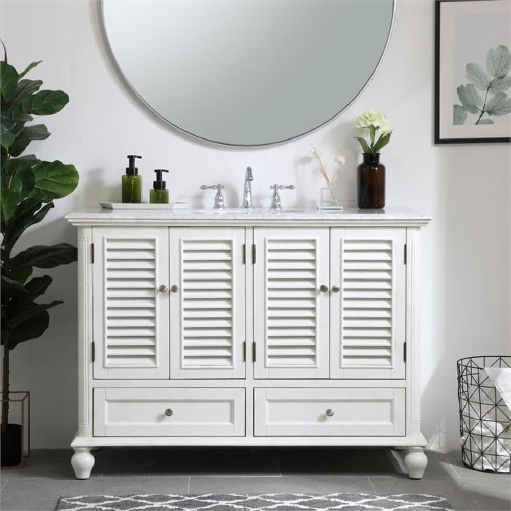 Pemberly Row 48' Bathroom Vanity, Antique White Finish, Solid Wood Base with Carrara Marble Top, Porcelain Undermount Sink, 4 Cabinet Doors and 2 Soft-Close Drawers, Free-Standing for Bathroom Use
