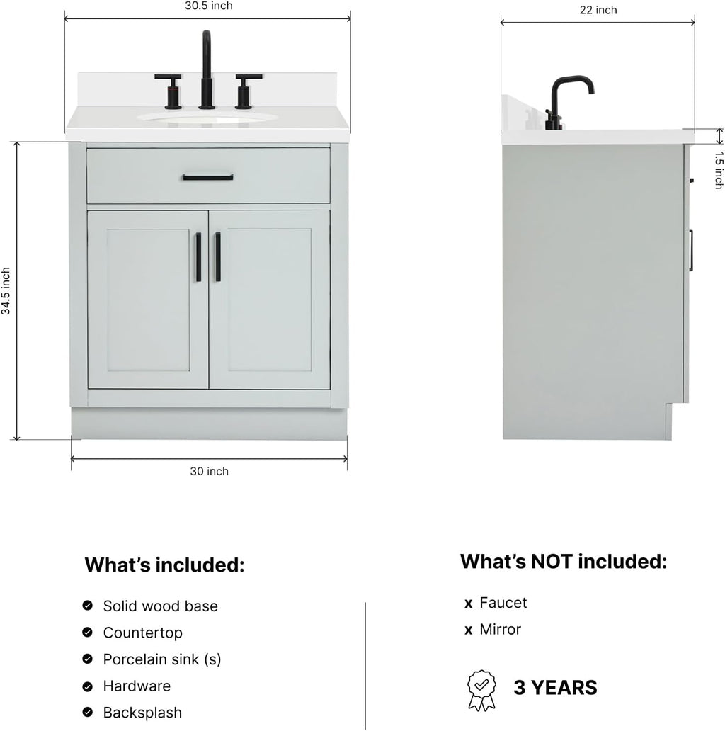 ARIEL Hepburn 30-inch Bathroom Vanity with Sink,Solid Wood, 1.5-inch Pure White Quartz Countertop & Backsplash, Single Oval Porcelain Sink, 2 Soft Closing Doors, 1 Dovetail Drawers, Grey