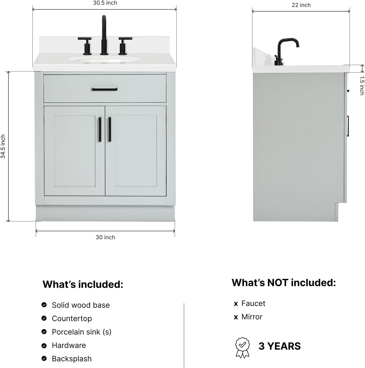 ARIEL Hepburn 30-inch Bathroom Vanity with Sink,Solid Wood, 1.5-inch Pure White Quartz Countertop & Backsplash, Single Oval Porcelain Sink, 2 Soft Closing Doors, 1 Dovetail Drawers, Grey