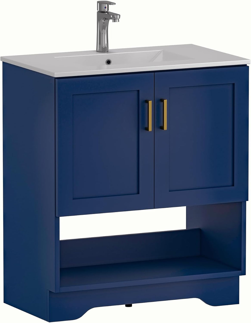 30 Inch Modern Bathroom Vanity with Ceramic Sink - Freestanding Cabinet 2 Soft-Close Doors & 1 Open Shelf, White Space-Saving Design for Powder Rooms (Blue)