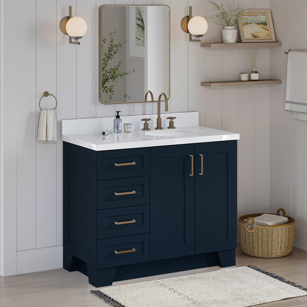 ARIEL Taylor 42-inch Bathroom Vanity with Sink,Solid Wood, 1.5-inch Pure White Quartz Countertop & Backsplash, Single Oval Porcelain Sink, 2 Soft Closing Doors, 5 Dovetail Drawers, Midnight Blue