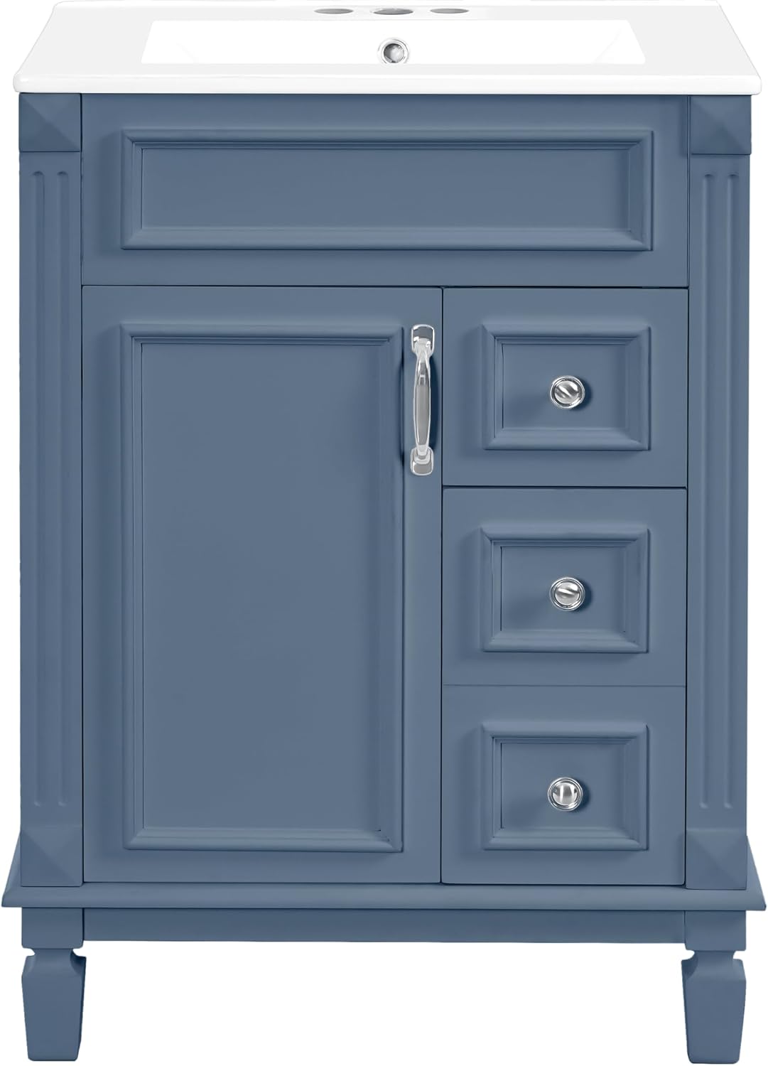 24 Inch Blue-Grey Bathroom Vanity with Sink,Modern Bathroom Vanity with 2 Drawers & Adjustable Shelf,Soft Closing Doors & Black Handles,Solid Wood Frame,French Embossed Front