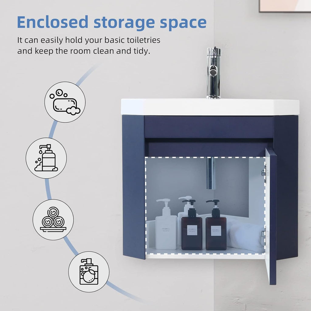wonline 22' Corner Bathroom Vanity Sink Combo for Small Space Wall Mounted Cabinet Set Design Navy Resin Basin Sink Top Chrome Faucet and Drain