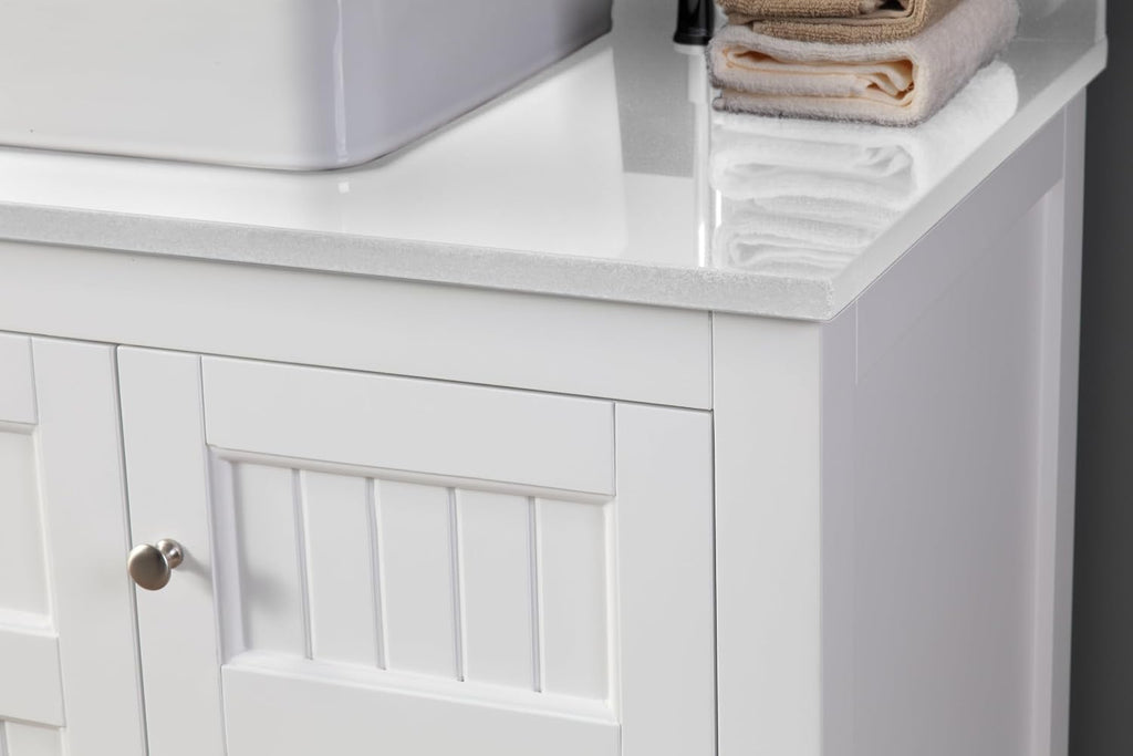 42' Triadsville White Vanity with White QuartzTop, Vessel Style Bathroom Sink, Soft-Closing Doors, Full Extension Drawer, Brushed Nickel Hardware