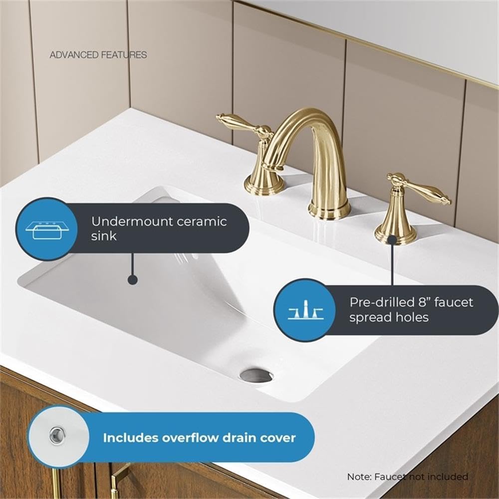 Pemberly Row 30' Bathroom Vanity, Warm Walnut Finish, White Engineered Stone Countertop with Rectangular Undermount Sink, Adjustable Shelf, Soft-Close Doors, Small Bathrooms or Powder Rooms