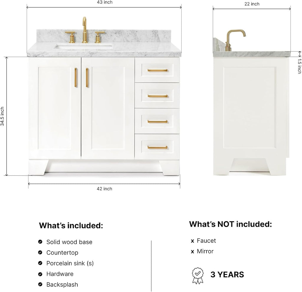 ARIEL Taylor 42-inch Bathroom Vanity with Sink,Solid Wood, 1.5-inch Italian Carrara Marble Countertop, Single Rectangular Porcelain Sink, 2 Soft Closing Doors, 5 Dovetail Drawers, White